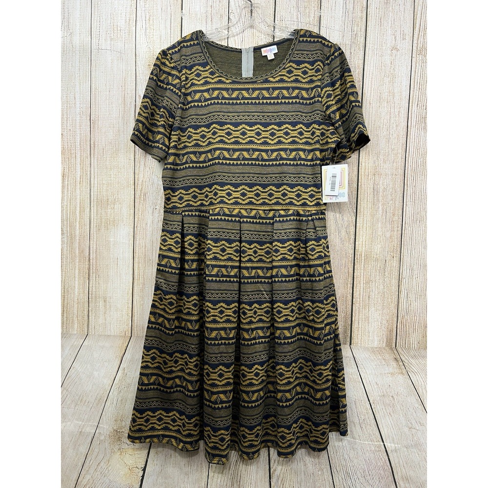 NWT LuLaRoe Amelia Dress 3XL Blue Gold Aztec Geometric Fit Flare Pleated Office - Picture 2 of 8